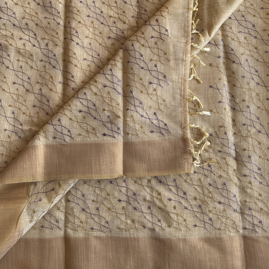 Ivory Beige Embroidered Vine Saree with Dusty Rose Border and Zari