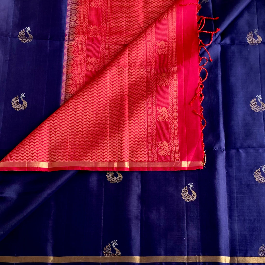 Midnight Blue Designer Pure Silk Saree With Rani Pink Pallu