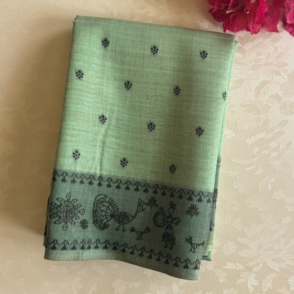 Mint Green Village Motif Saree With Peacock Border And Tassels