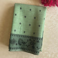 Mint Green Village Motif Saree With Peacock Border And Tassels