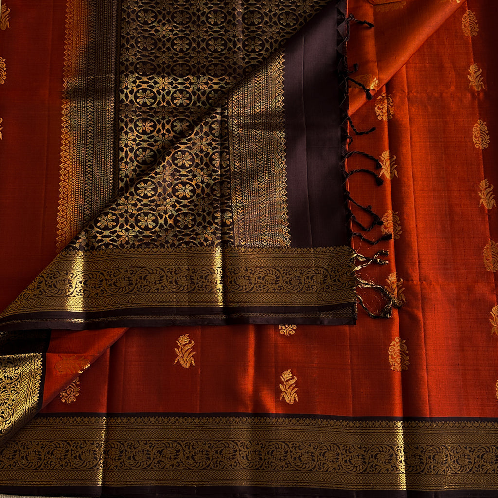 Rust Red Purple Pallu Gold Zari Brocade Saree Wide Border