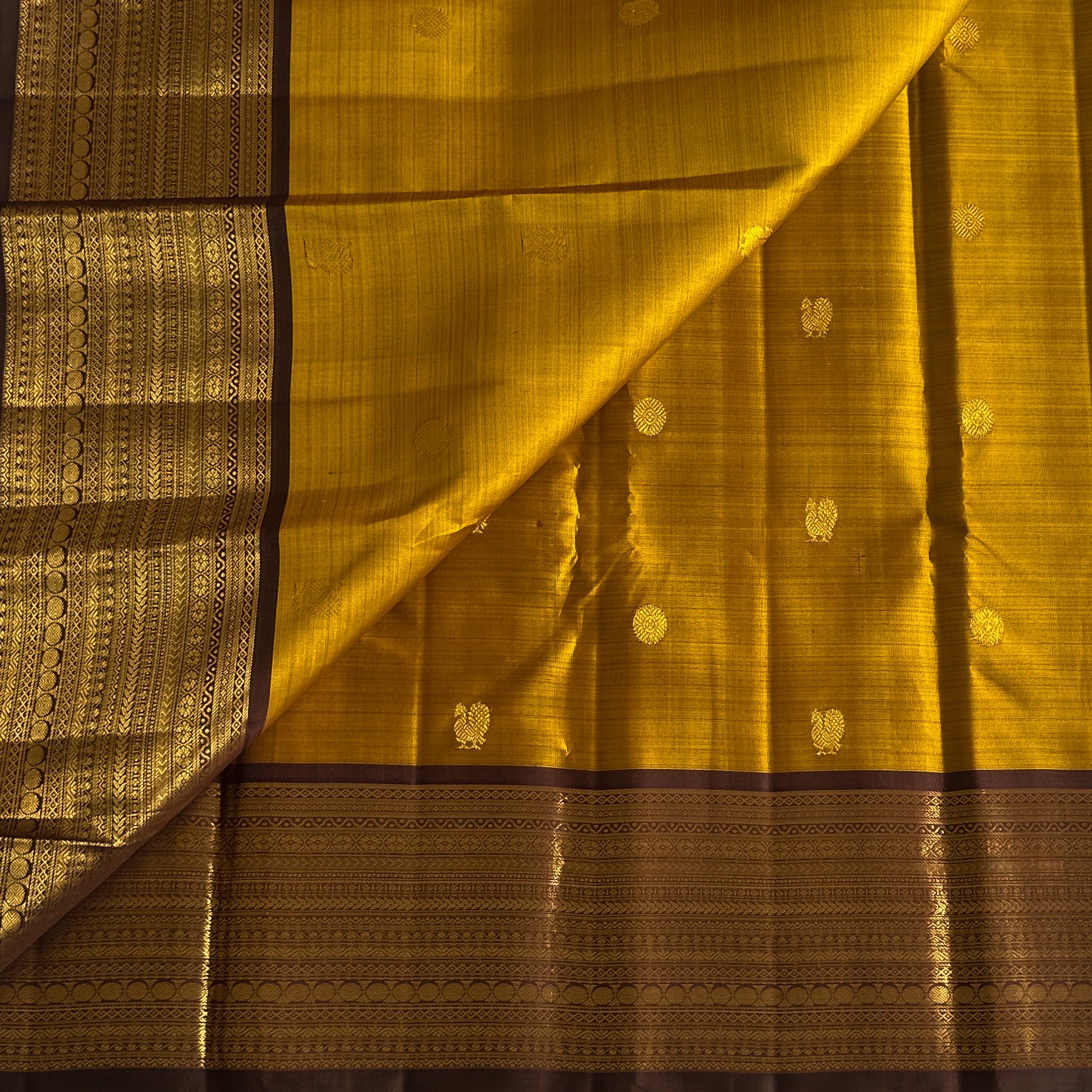 Mustard Pure Zari Kanjeevaram with Wine Zari Pallu and Broad Border