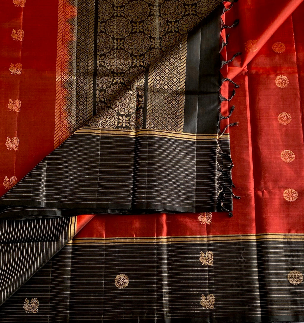 Jet Black Designer Pure Silk Saree With Crimson Red Border