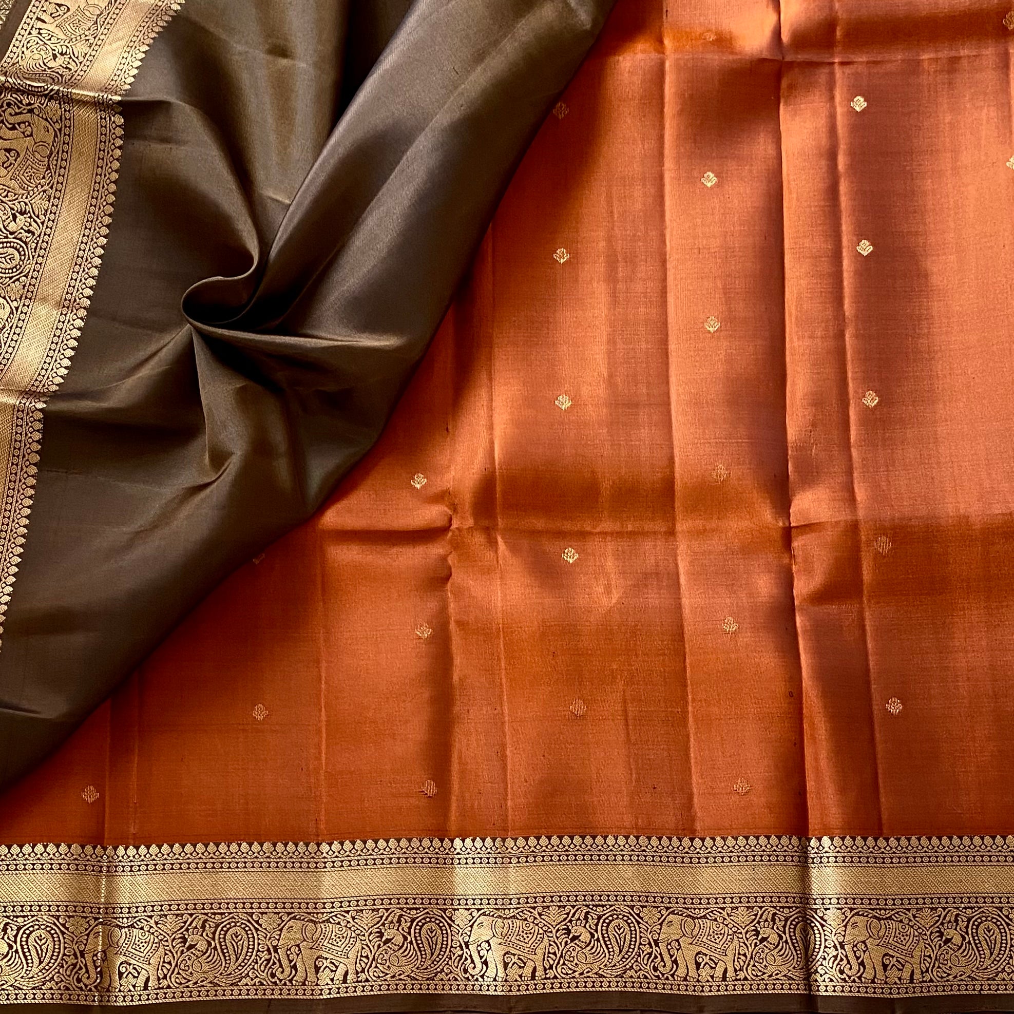 Burnt Orange Designer Pure Silk Saree Hazelnut Brown Zari Border