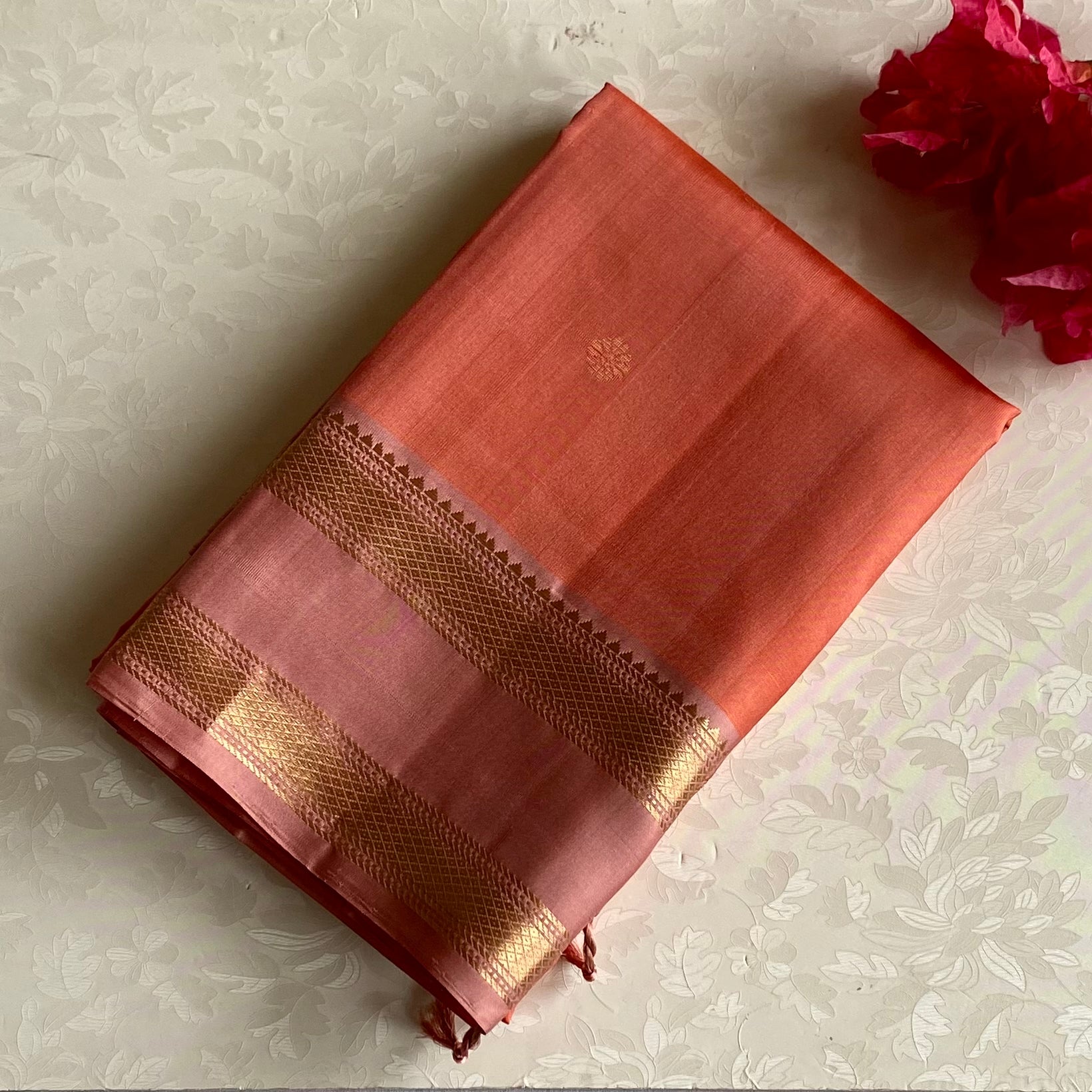 Coral Orange Designer Pure Silk Saree With Blush Pink Pallu