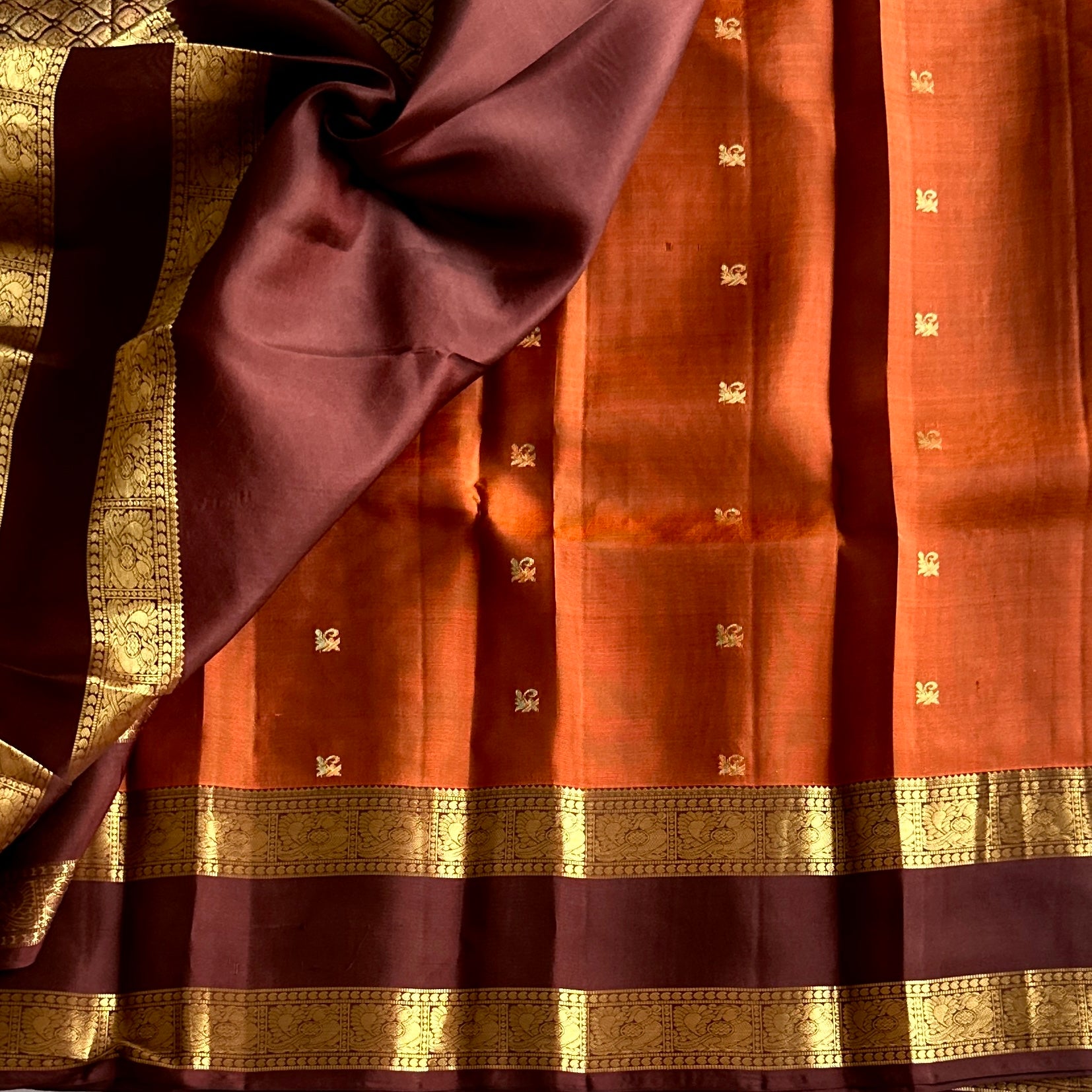 Maroon Rust Orange Silk Saree With Gold Woven Floral Border