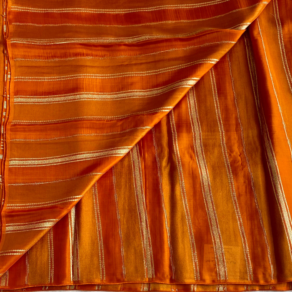 Saffron Orange Zari Striped Saree With Gold Floral Motifs