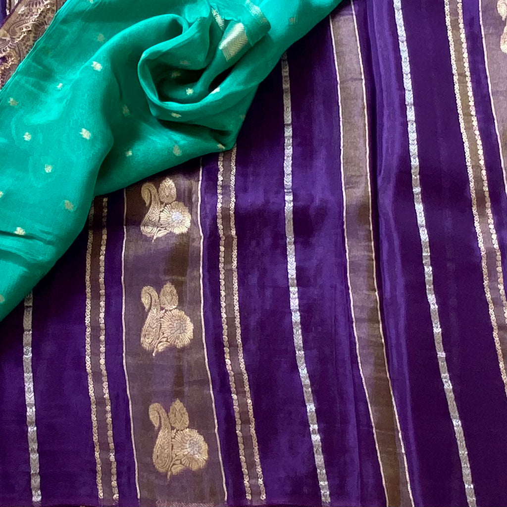 Royal Purple soft satin crepe Saree with Gold Zari Paisley Border
