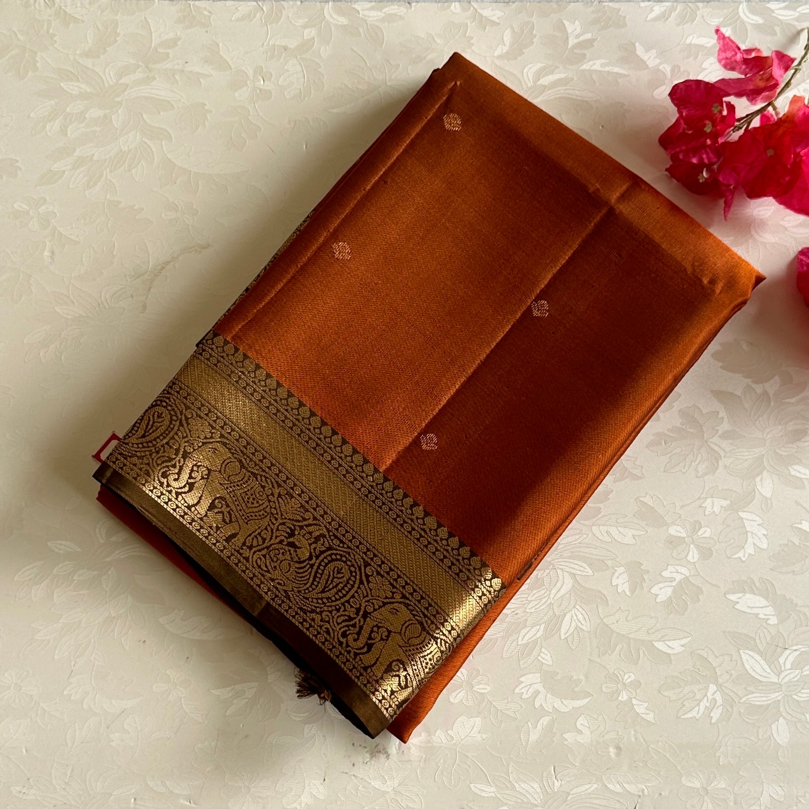 Burnt Orange Designer Pure Silk Saree Hazelnut Brown Zari Border