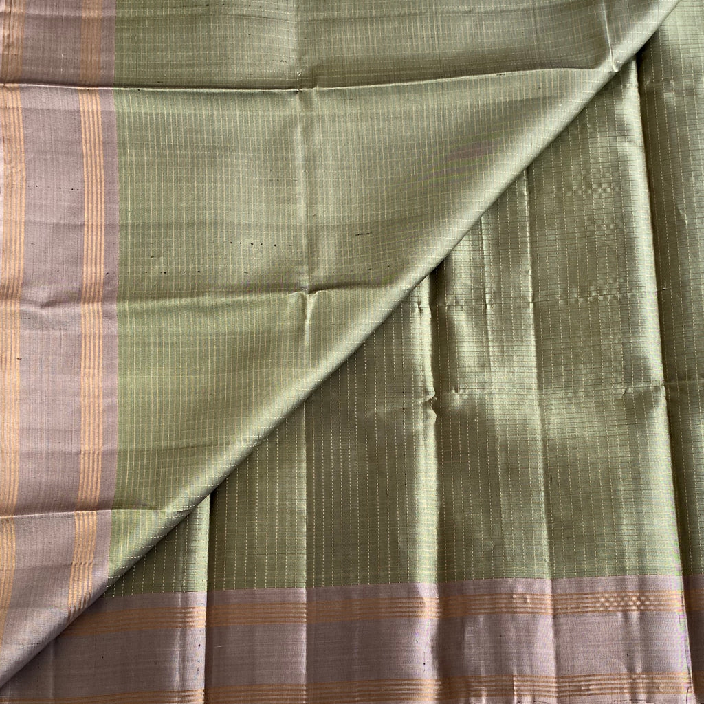 Olive Green Checkered Designer Pure Silk Saree With Taupe Grey Brocade Pallu