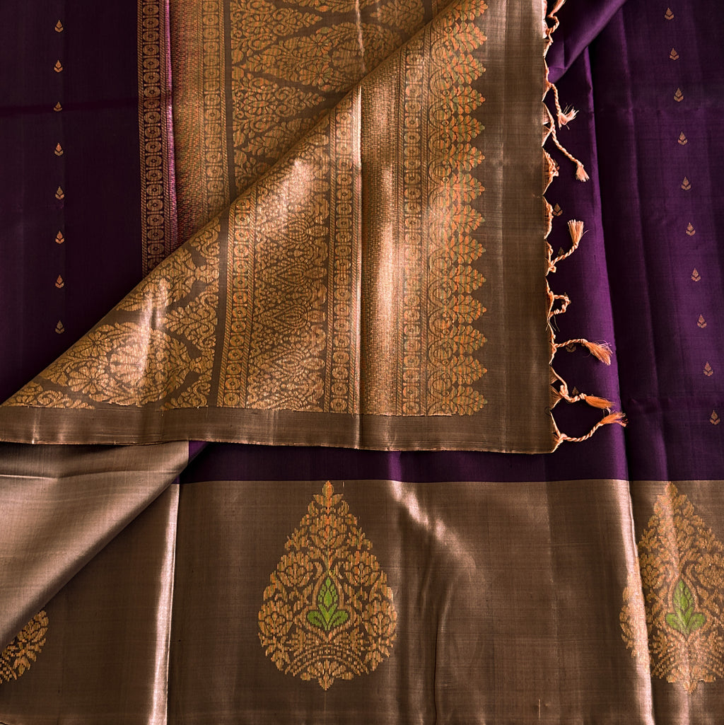 Royal Purple Saree Rose Gold Pallu Paisley Buta Woven Elegance