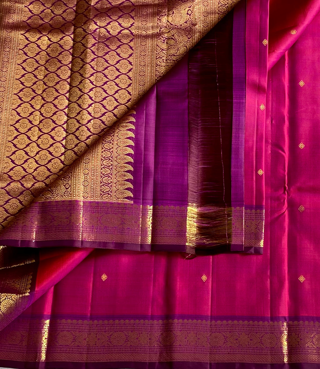 Magenta Silk Saree Purple Pallu Gold Brocade Traditional Wedding Wear