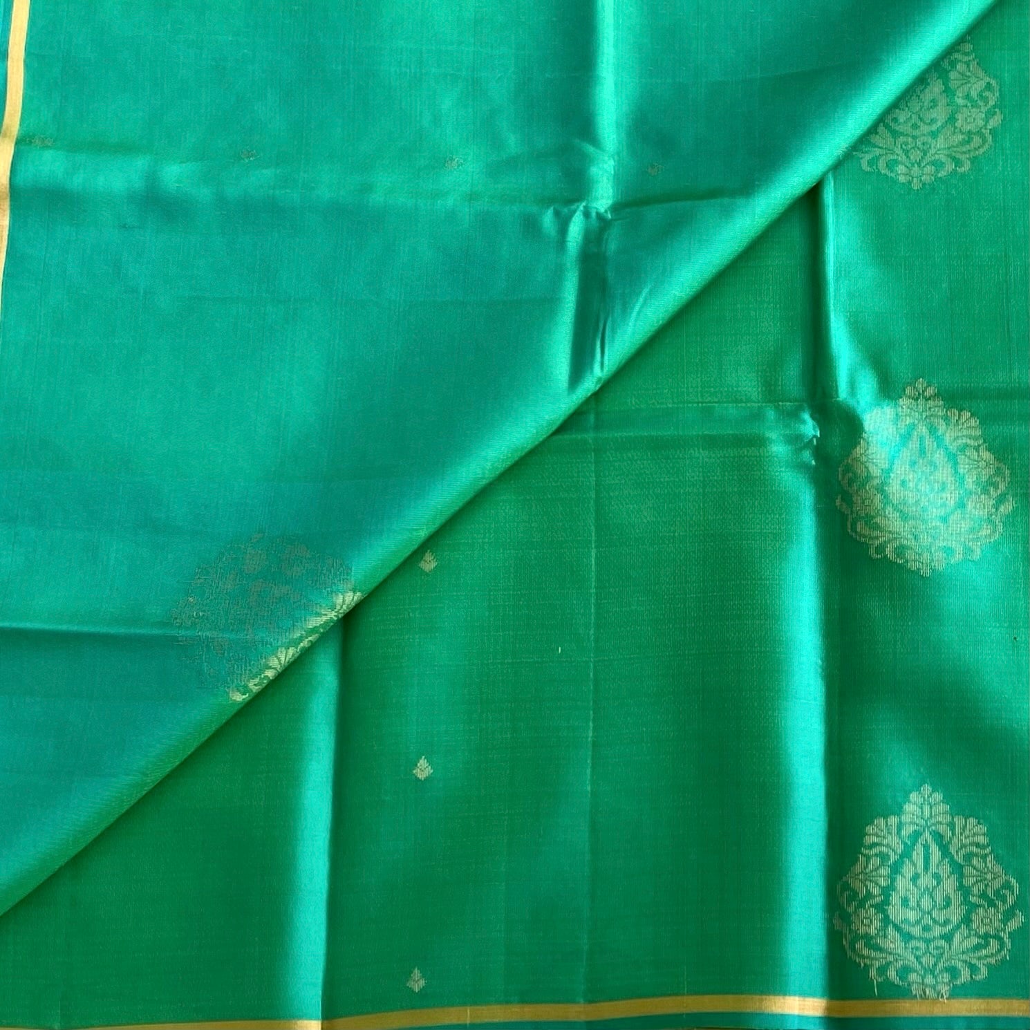 Sea Green Designer Pure Silk Saree With Gold Zari Border