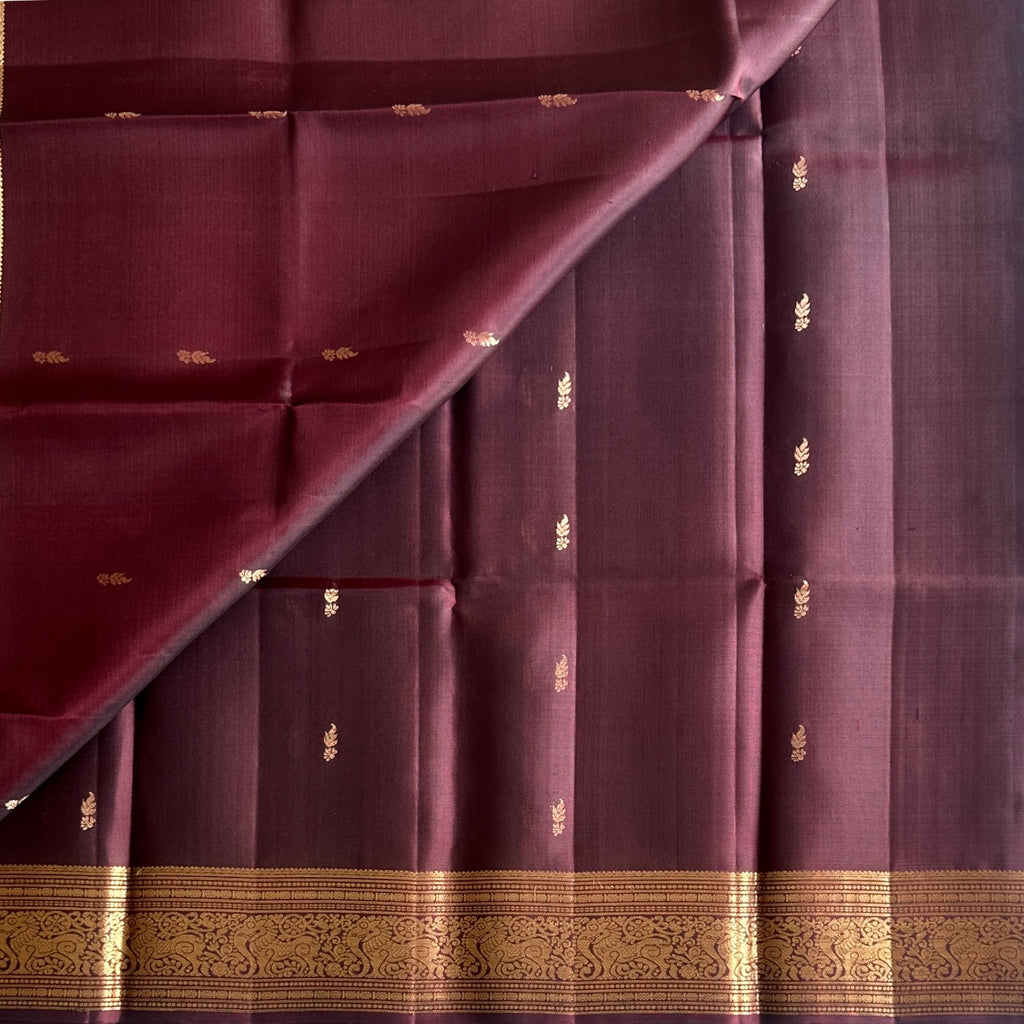 Traditional Deep Burgundy Silk Saree with Antique Gold Zari Border