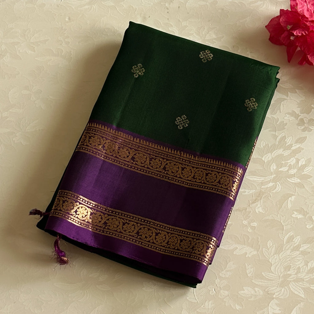 Elegant Emerald Green Purple Pallu Gold Zari Traditional Woven Saree