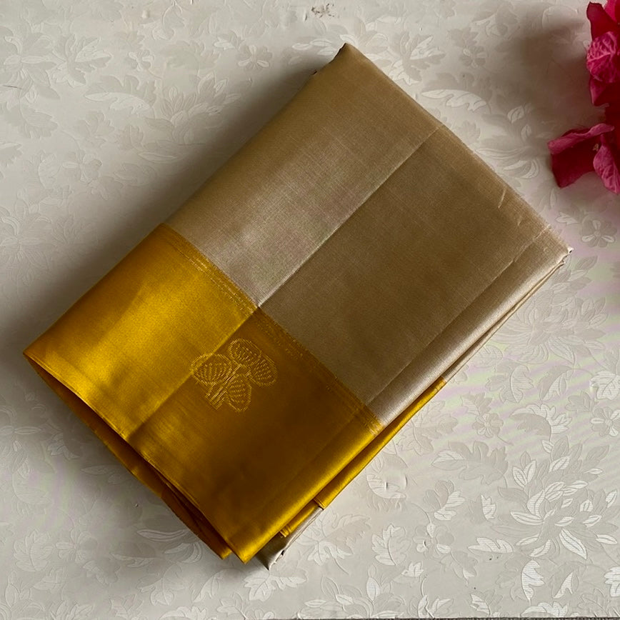 Soft Beige Designer Pure Silk Saree With Mustard Yellow Pallu