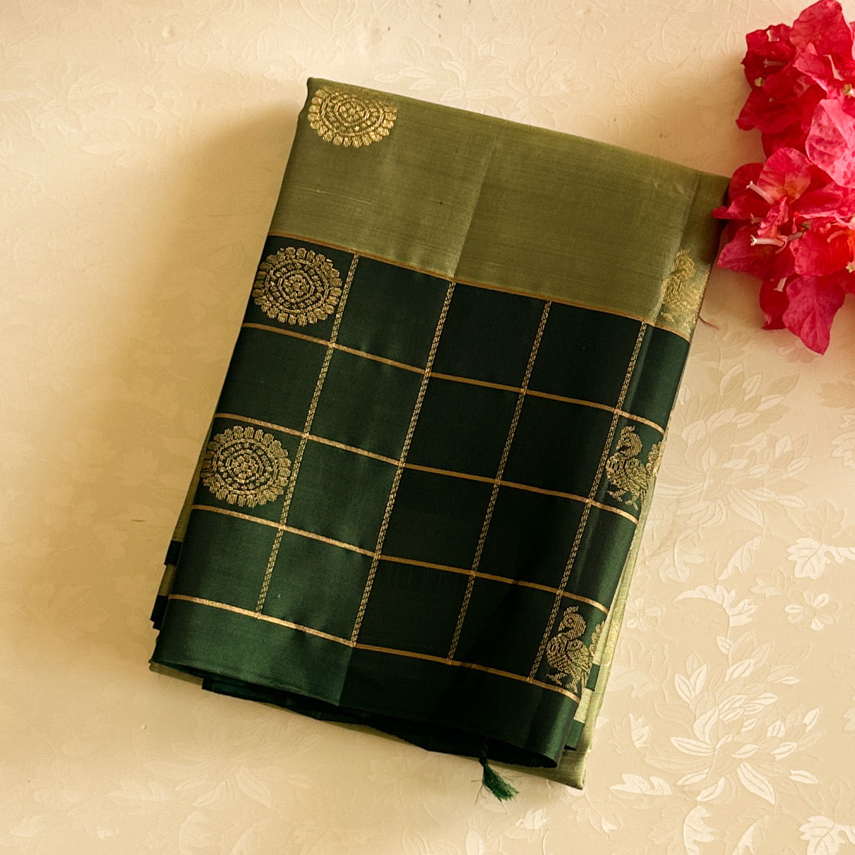 Rare Stunner Sage Green With Bottle Green Handwoven Pure Silk