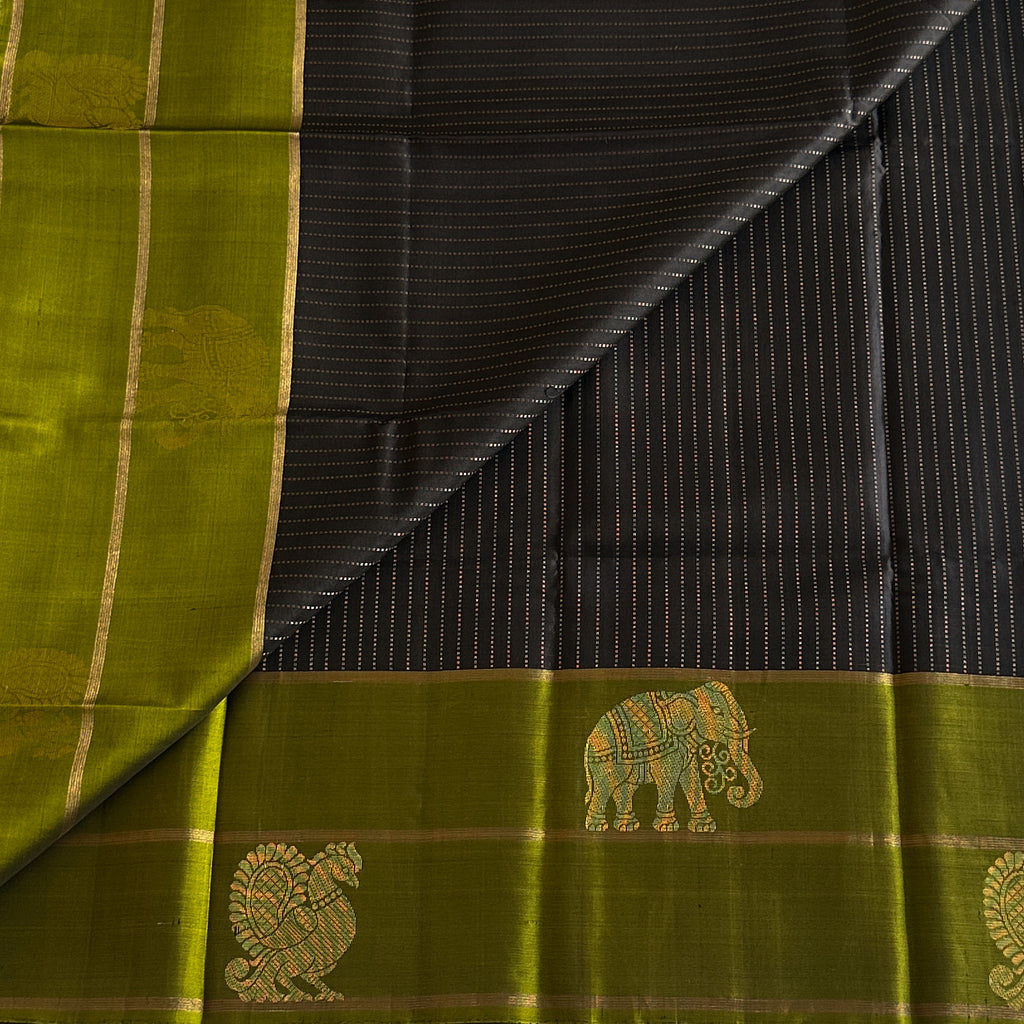 Charcoal Grey Silk Saree Chartreuse Green Pallu Gold Motifs Traditional