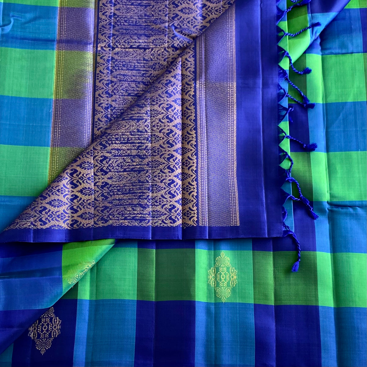 Checkered Blue & Emerald Green Designer Pure Silk with Royal Blue Pallu
