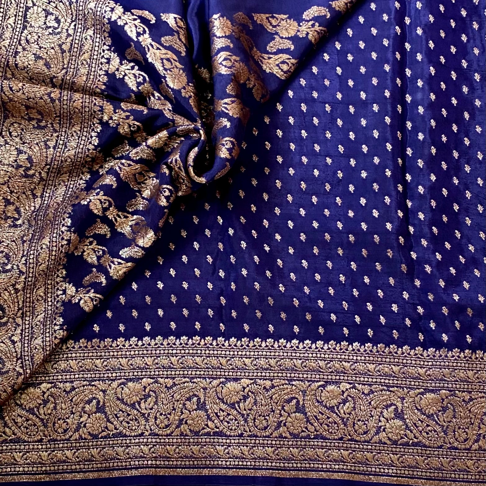 Royal Blue Brocade Silk Saree Antique Gold Zari Paisley Border
