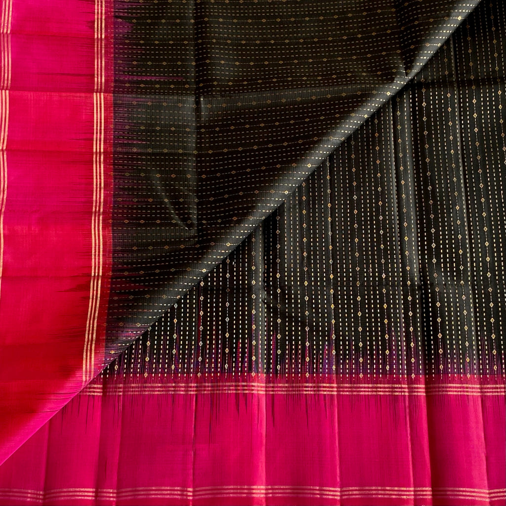 Jet Black Designer Pure Silk with Stunner Rani Pink & Zari Weave