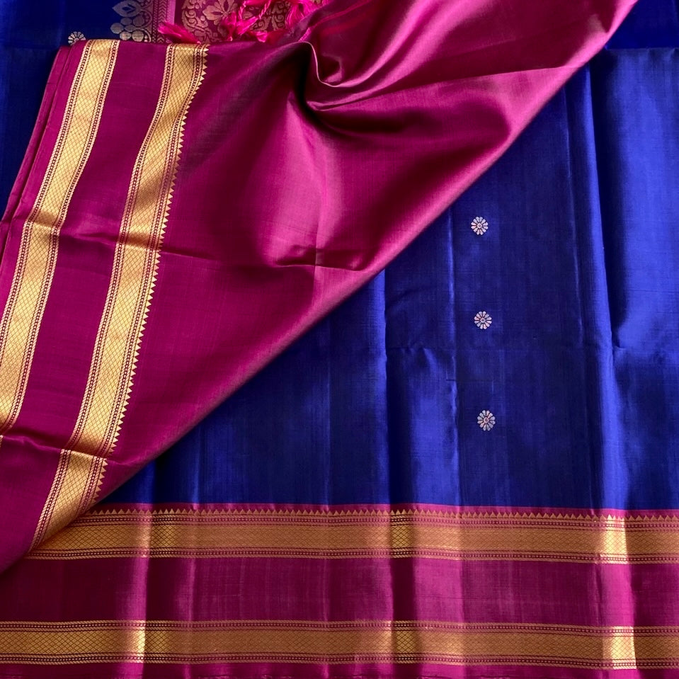 Royal Blue Designer Pure Silk With Rani Pink Pallu & Retta Petta Borders