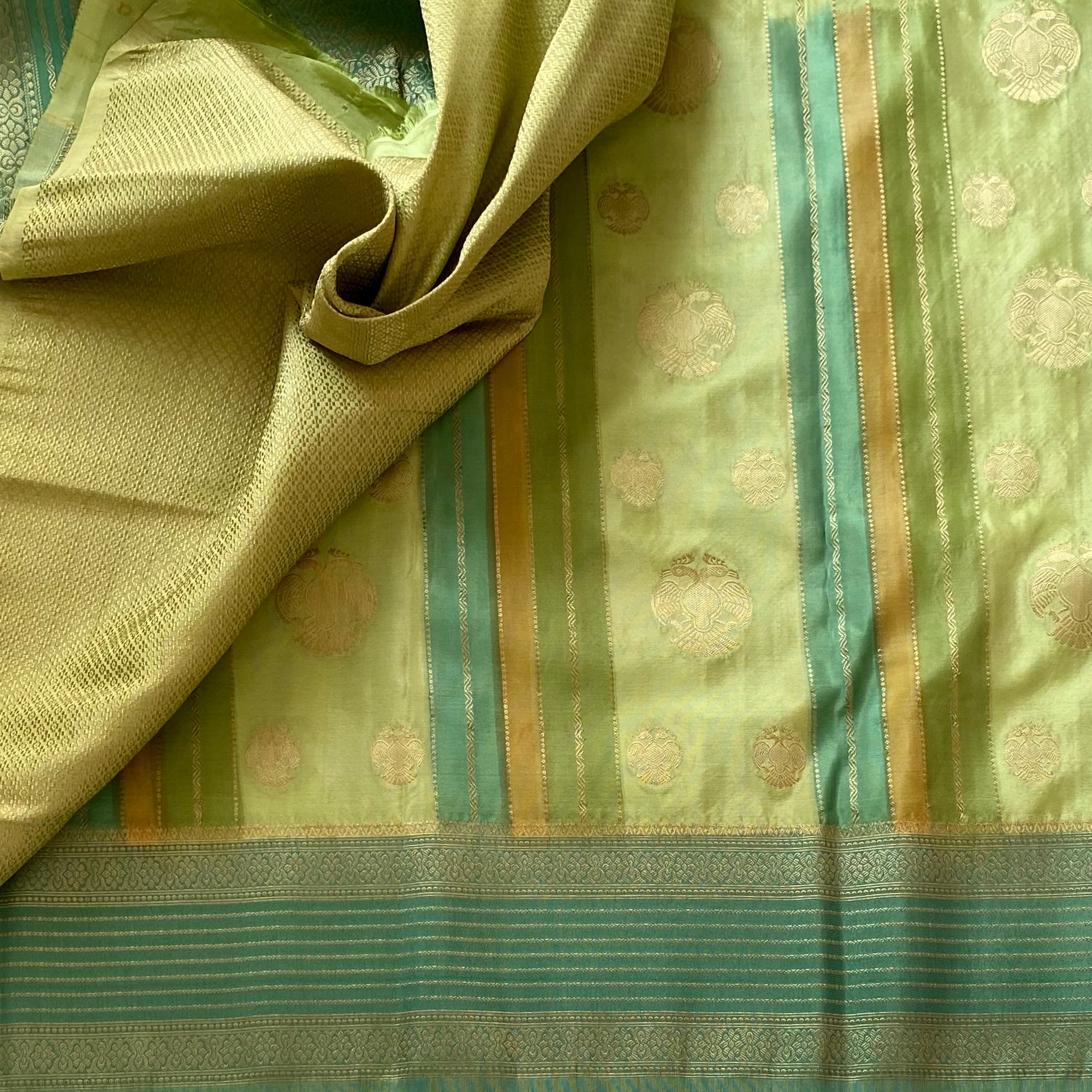 Shades Of Lime n Green Soft Crepe Silk With Designer Gandaberunda Buttas