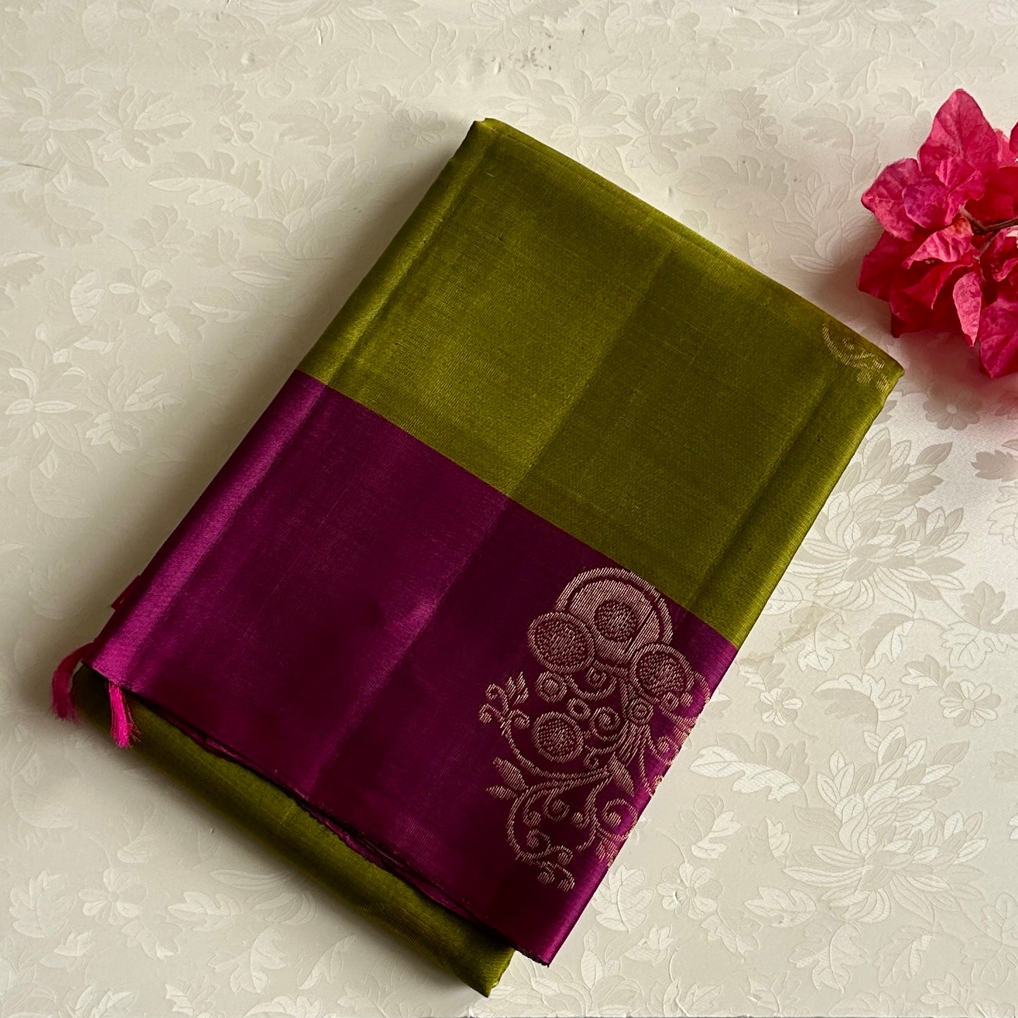 Magenta Olive Green Silk Saree Gold Brocade Floral Pallu
