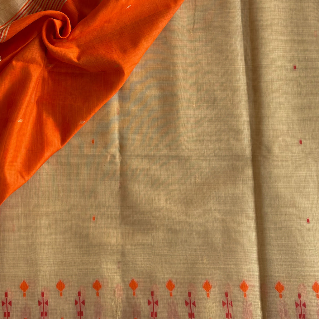 Blush Pink Ikat Saree with Coral Motifs and Tassel Pallu