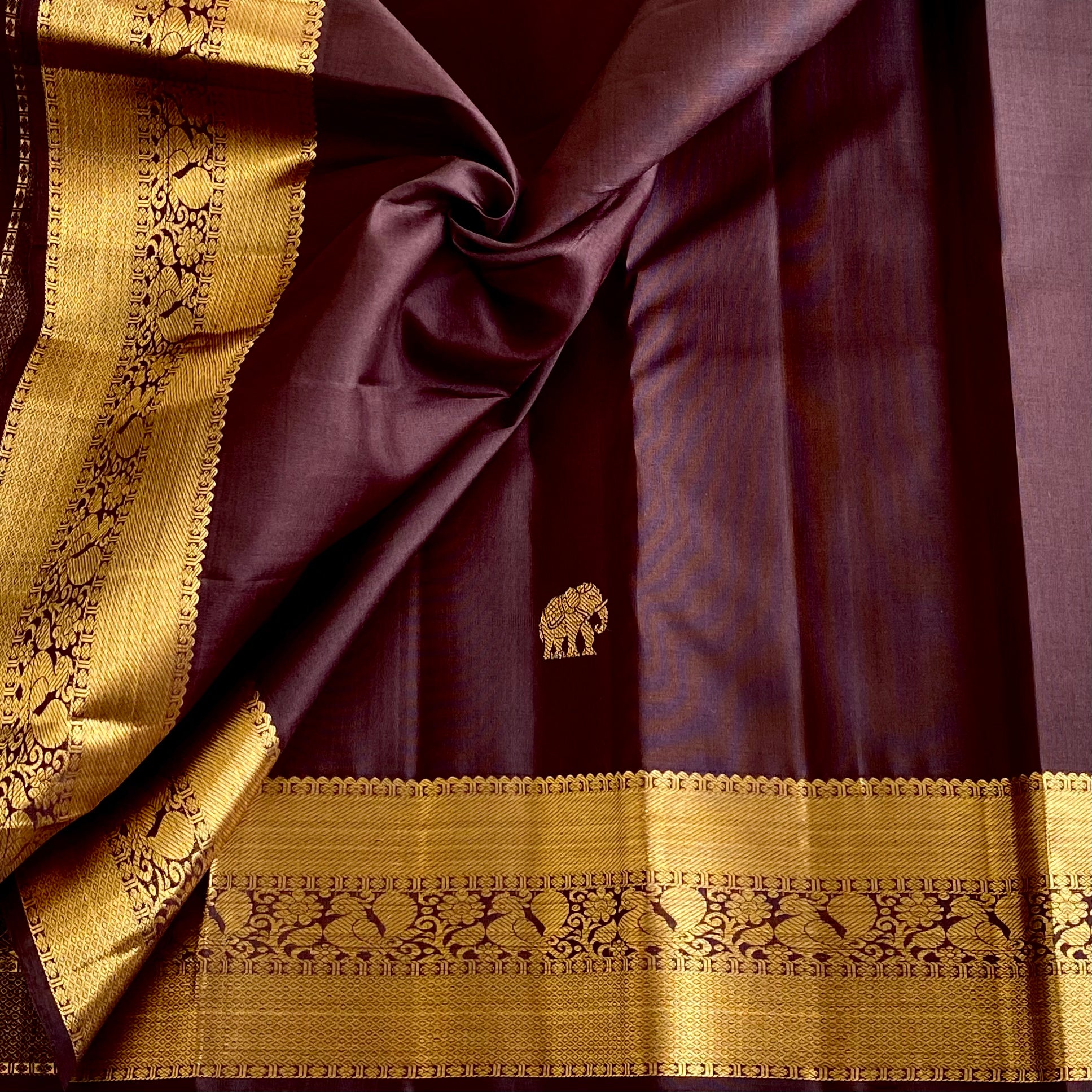 Dark Coffee Kanjeevaram Pure Zari Silk Saree With Antique Gold Border