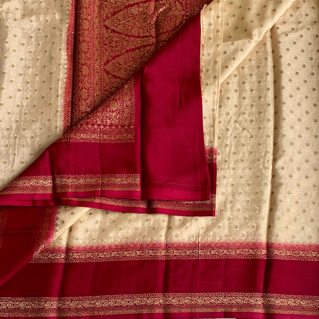 Cream Beige Banarasi Crepe Silk Saree With Wine Maroon Pallu