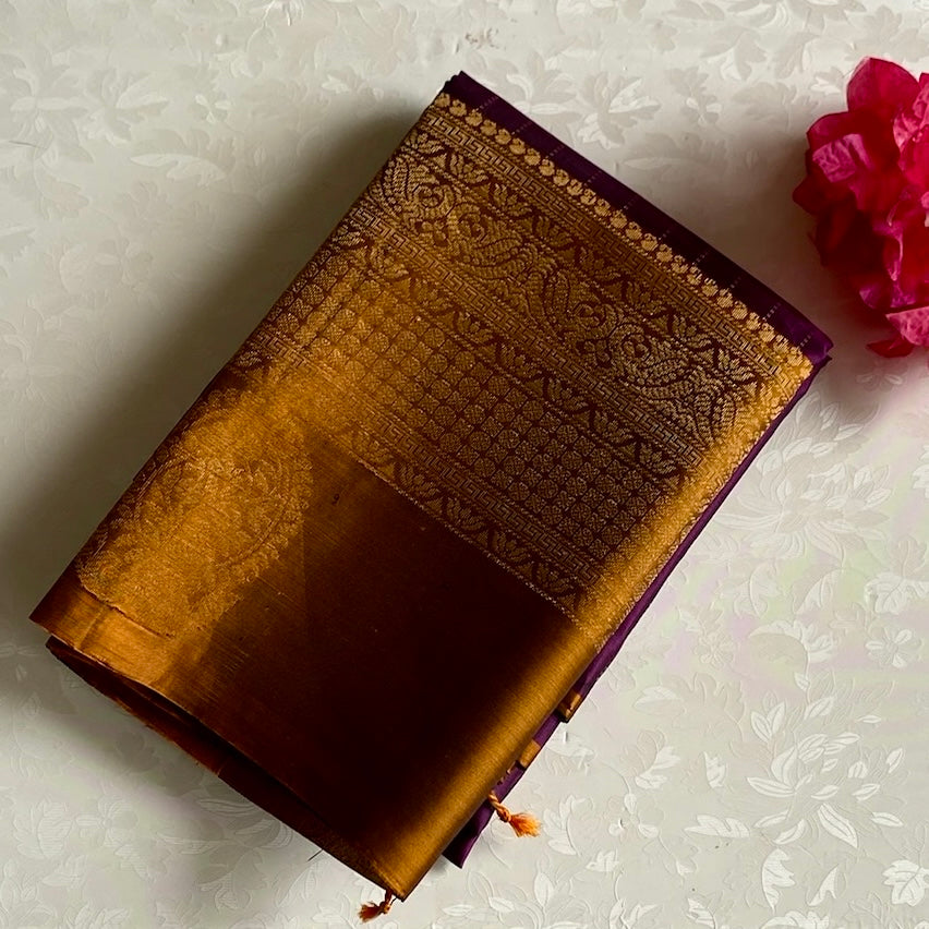 Stunner Purple Striped Designer Pure Silk with Jaggery Gold Borders