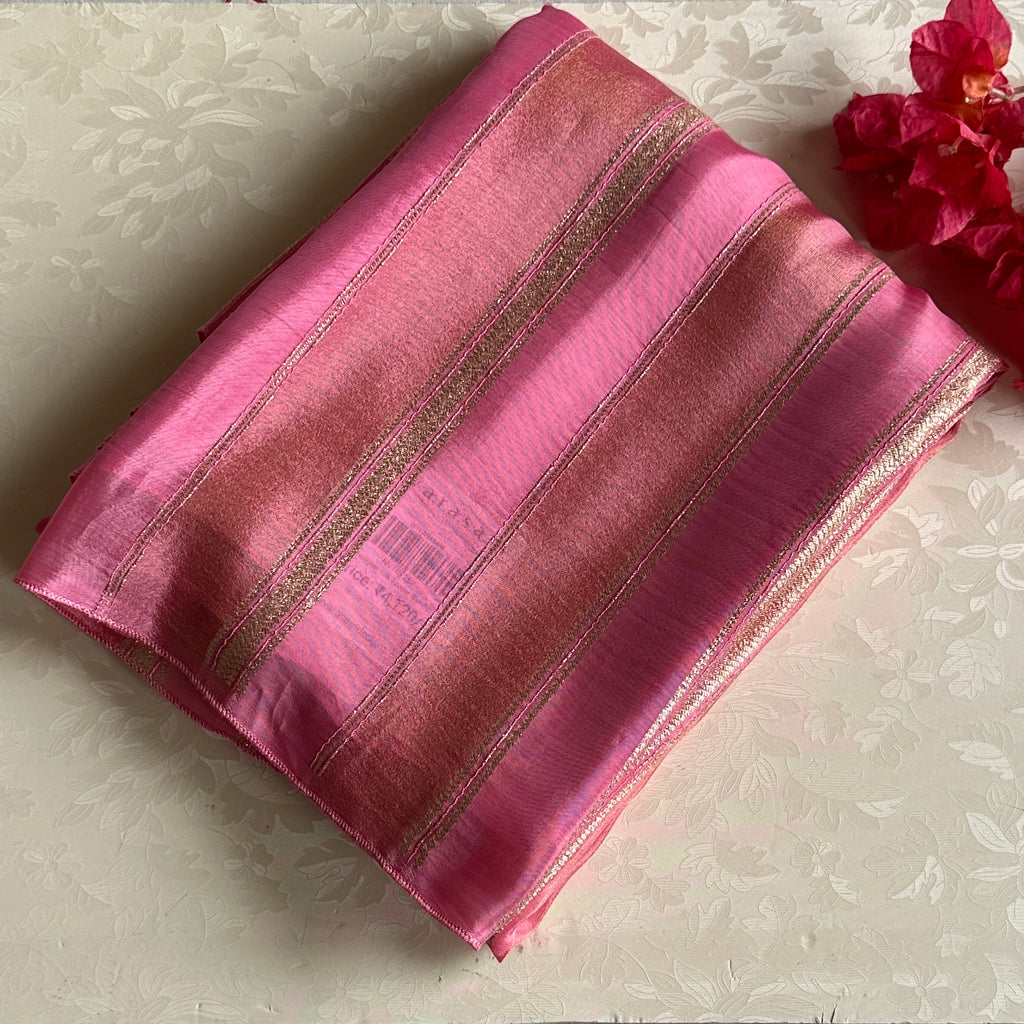 Magenta Silk Saree Gold Zari Vertical Stripes Floral Pallu Elegant