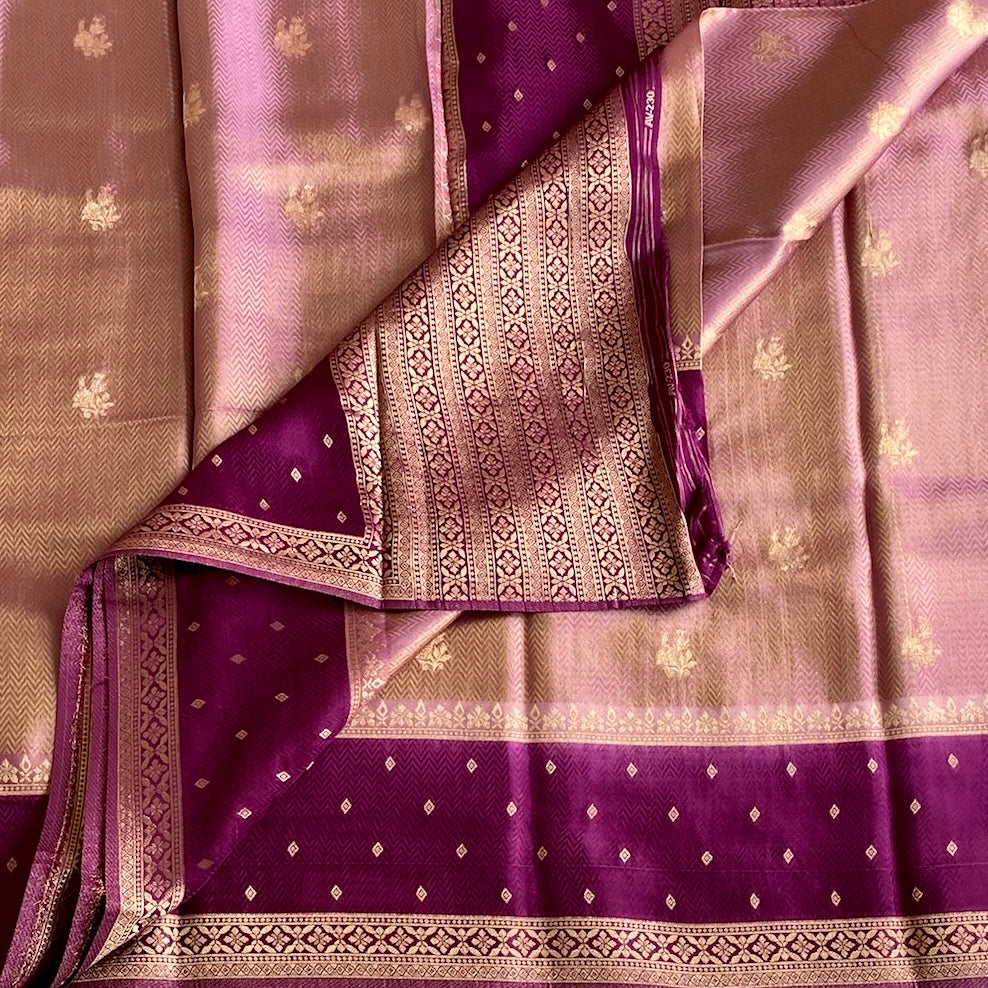 Dual Shaded Rose Gold Soft Blended Silk With Wine Purple Pallu