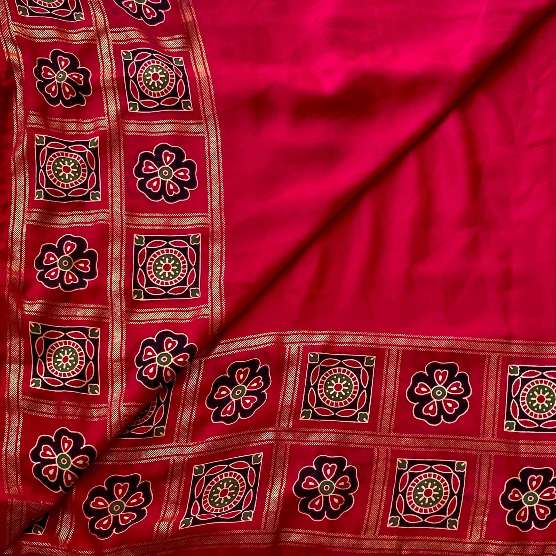 Fuchsia Paisley Geometric Saree with Gold Floral Border Festive