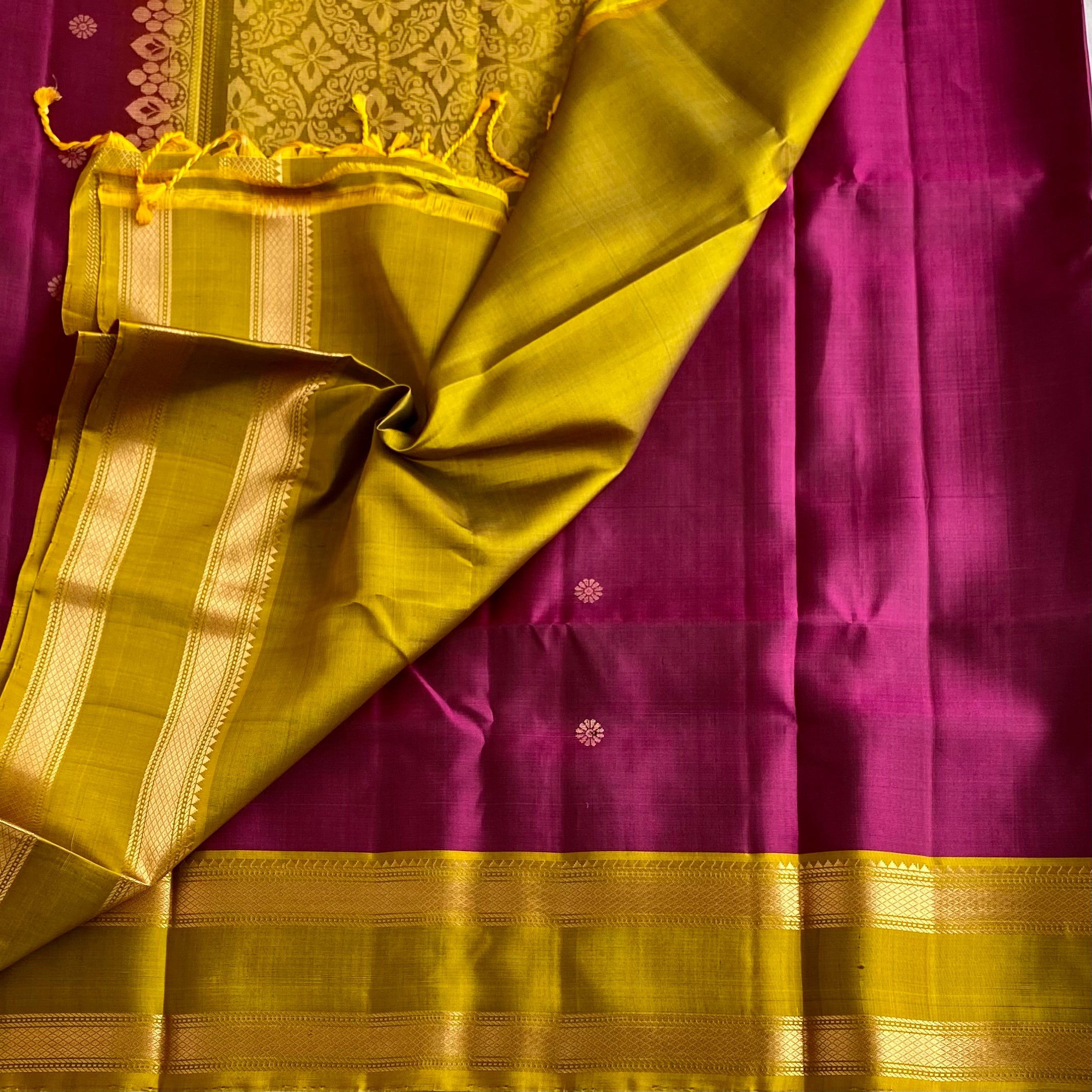 Magenta Pink Designer Pure Silk Saree With Mustard Gold Retta Petta Borders