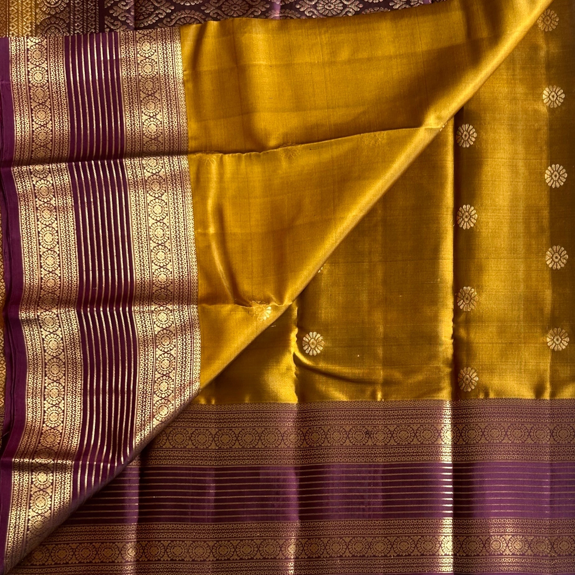 Deep Honey Mustard with rich purple designer pure Kanchi Silk