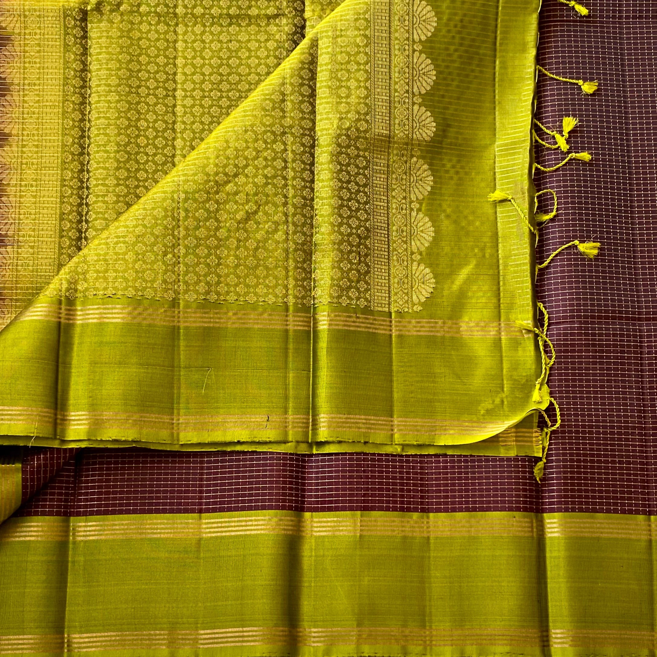 Royal Purple Chartreuse Silk Saree Gold Zari Floral Border Traditional