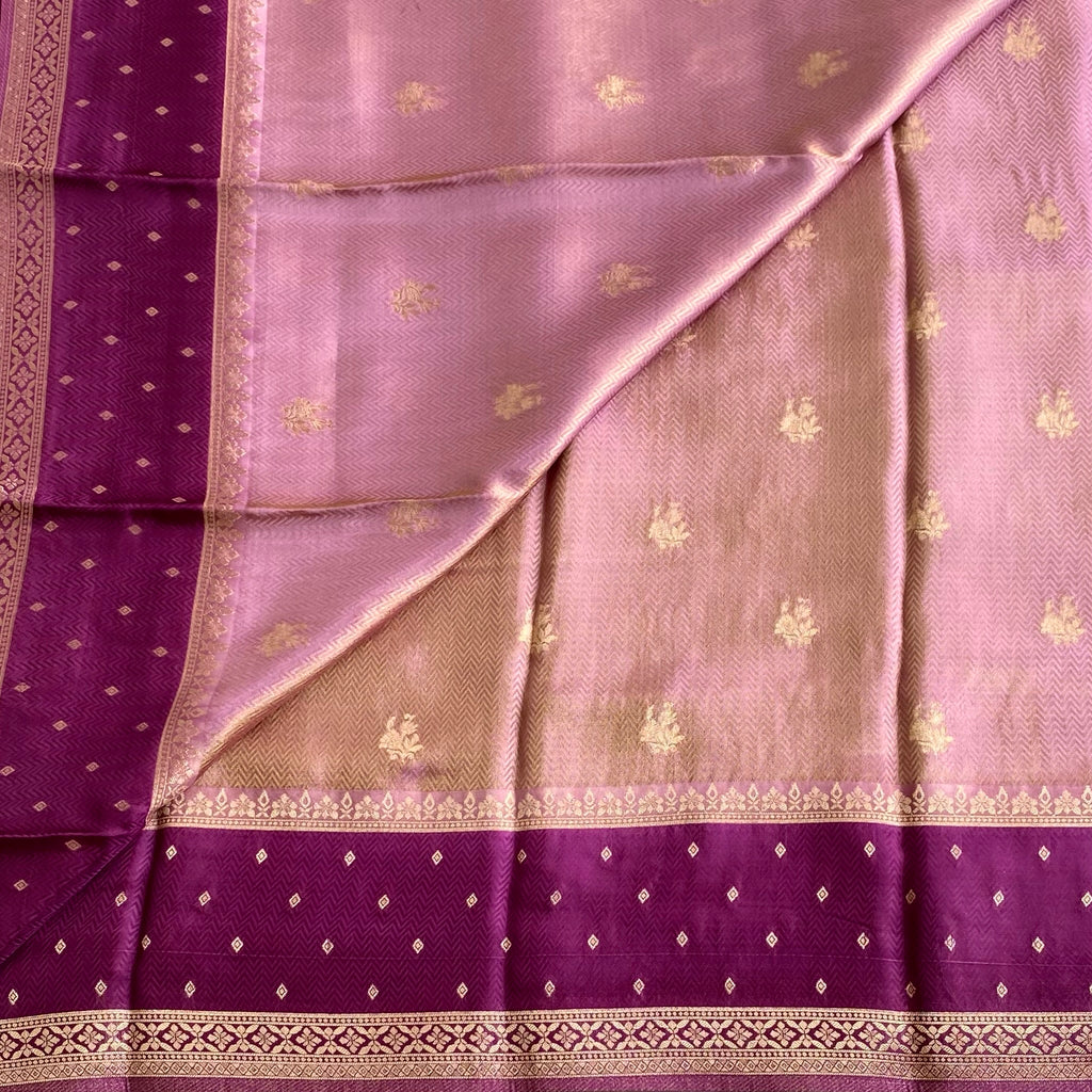 Blush Pink Soft Crepe Silk Saree With Rich Magenta Pallu Gold Zari