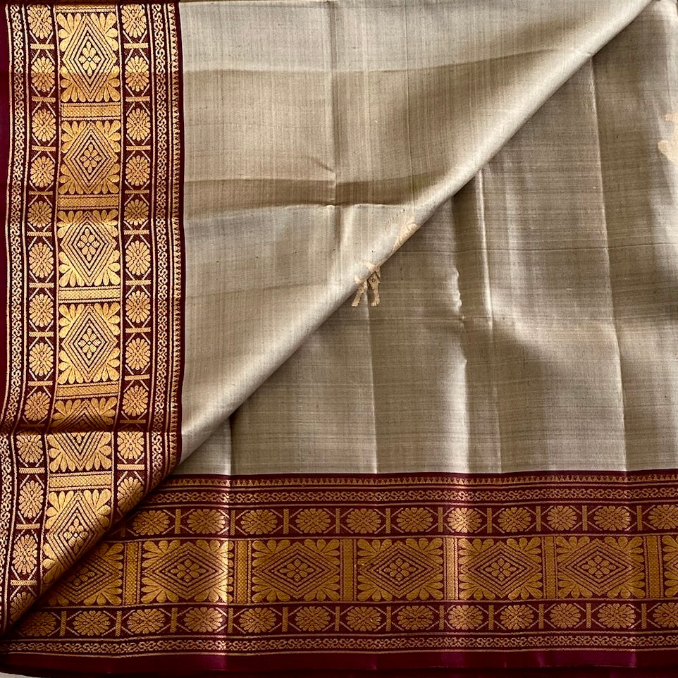 Silvery Beige Designer Pure Silk Saree With Deep Maroon Pallu Gold Border