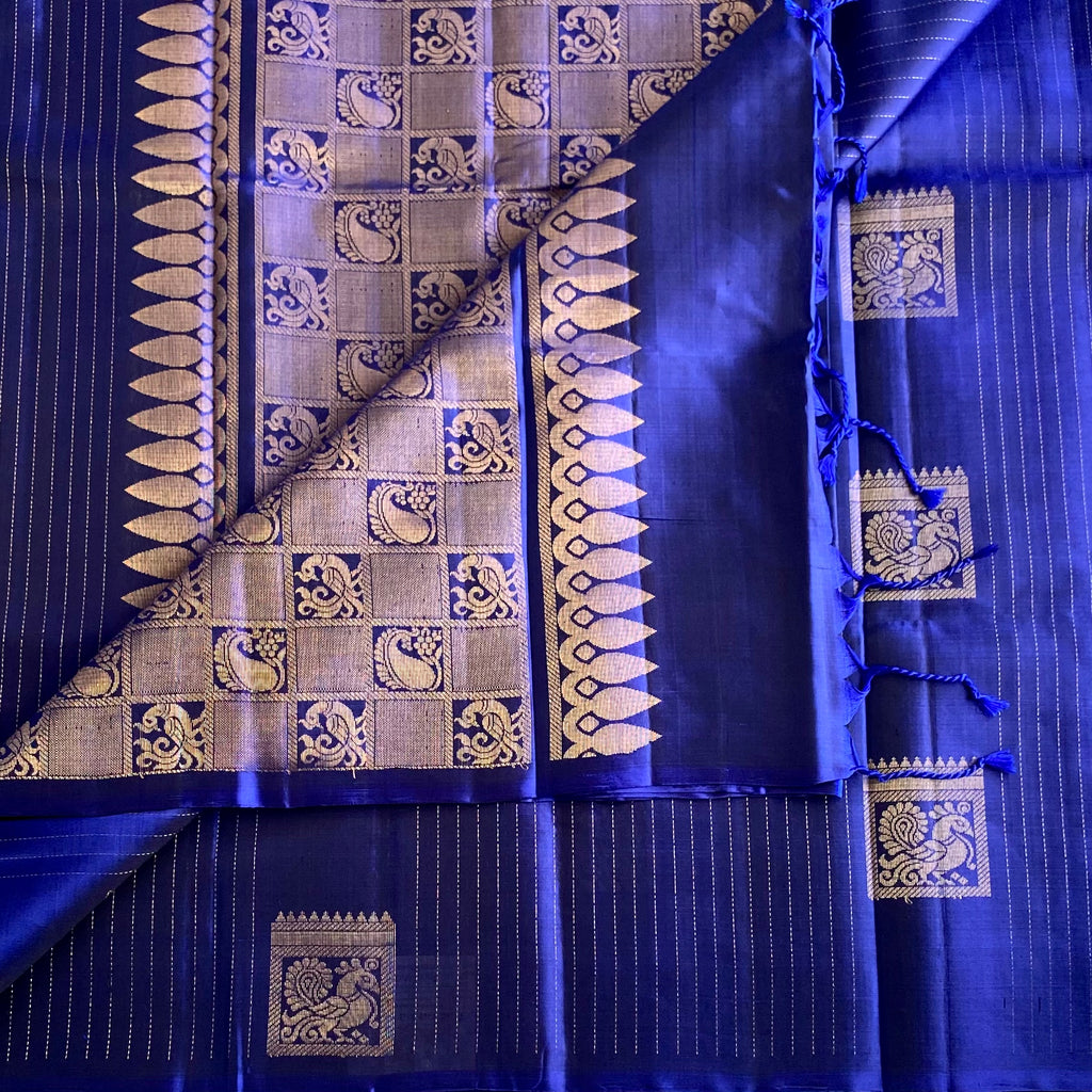 Royal Blue Designer Pure Silk Saree With Antique Zari Checks
