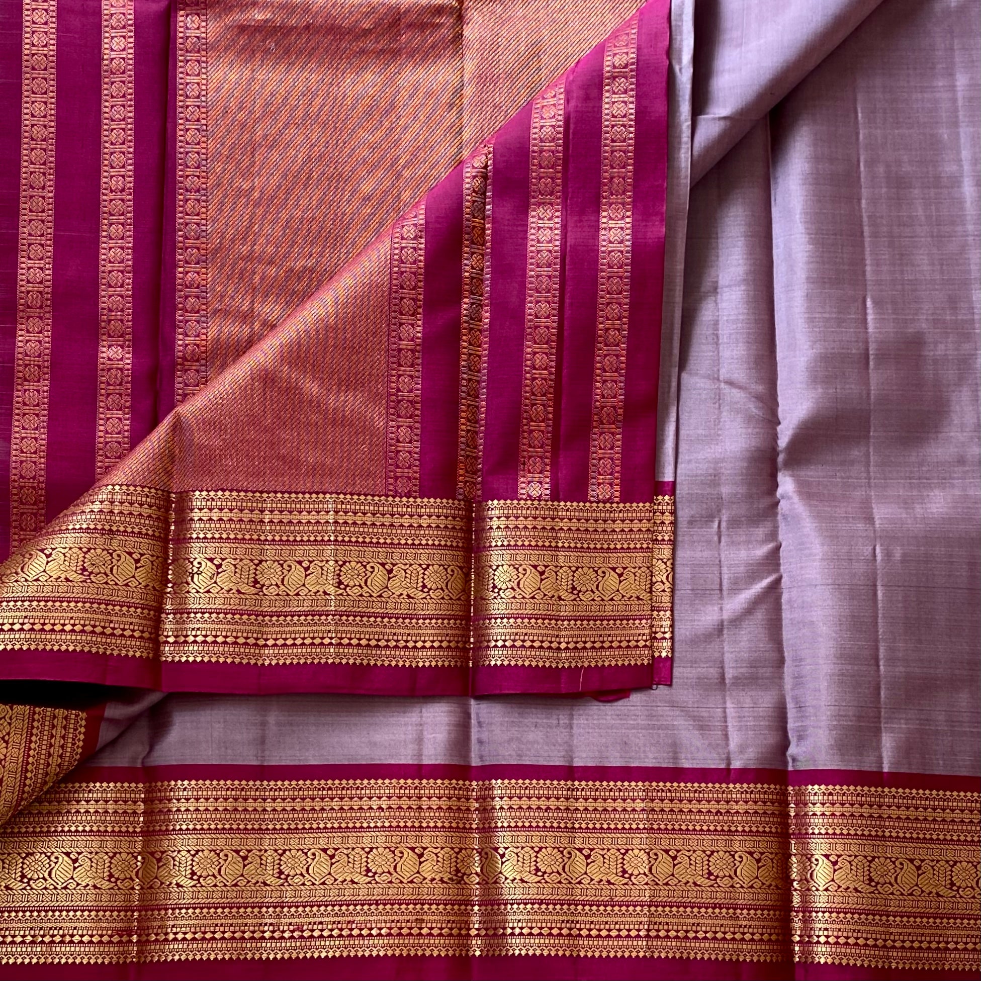 Metallic Lavender Kanjeevaram  Silk With Magenta Gold Border
