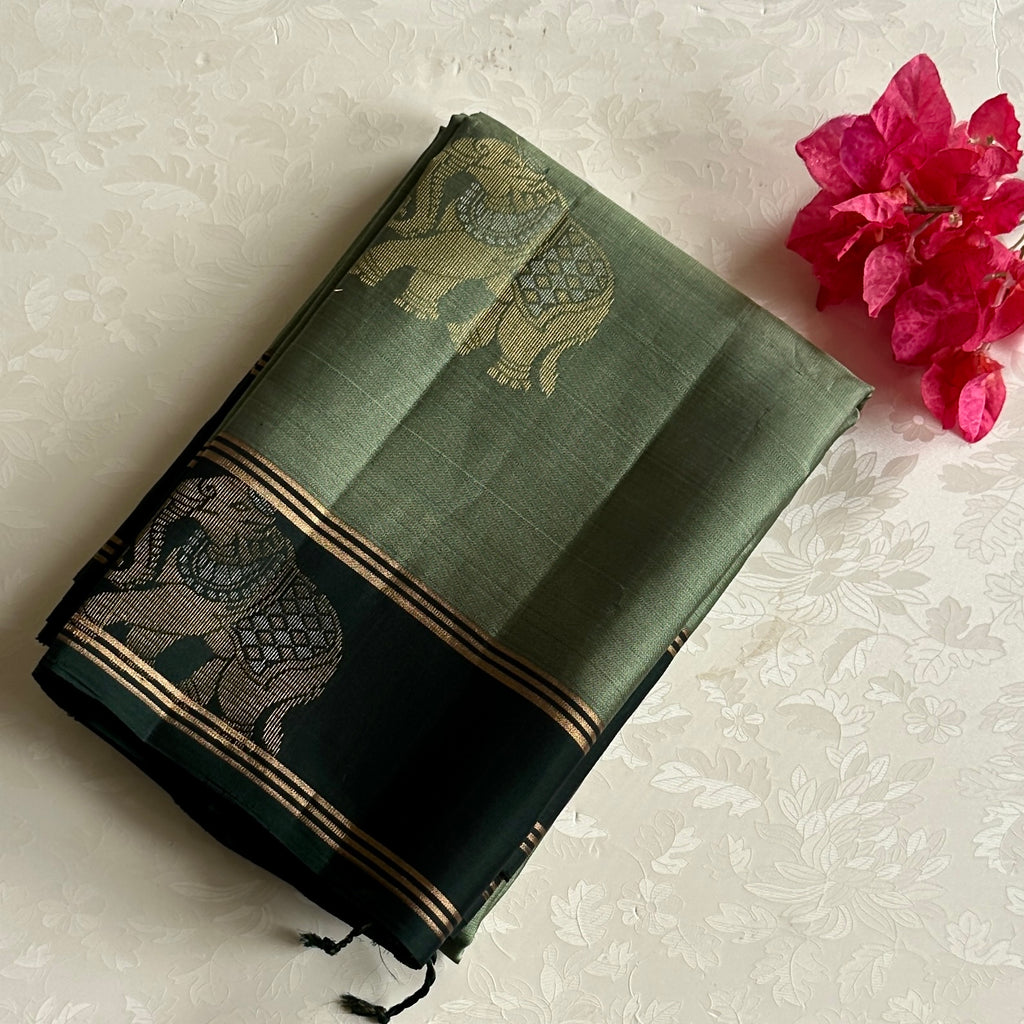 Deep metallic Mint Silk Saree Gold Brocade Pallu Elephant Border