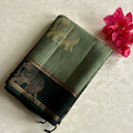 Deep metallic Mint Silk Saree Gold Brocade Pallu Elephant Border