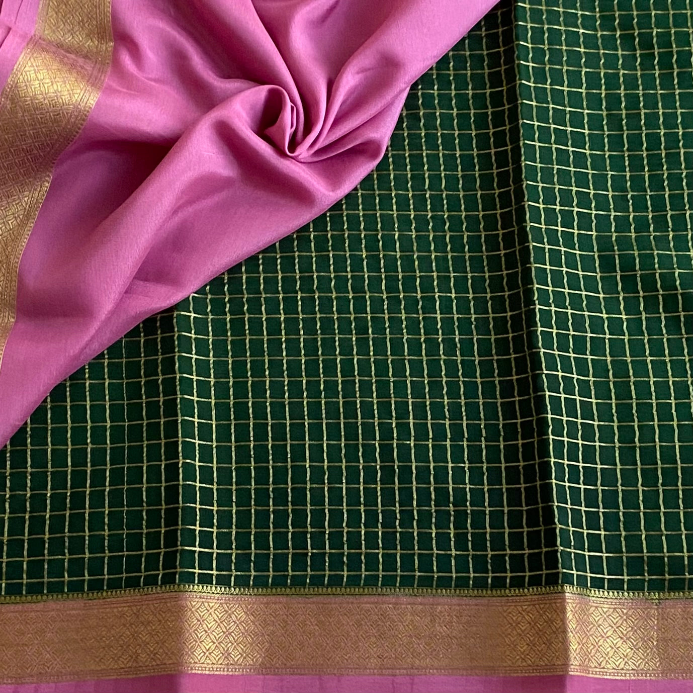Bottle Green And Rani Pink Checkered Mysore Crepe Silk