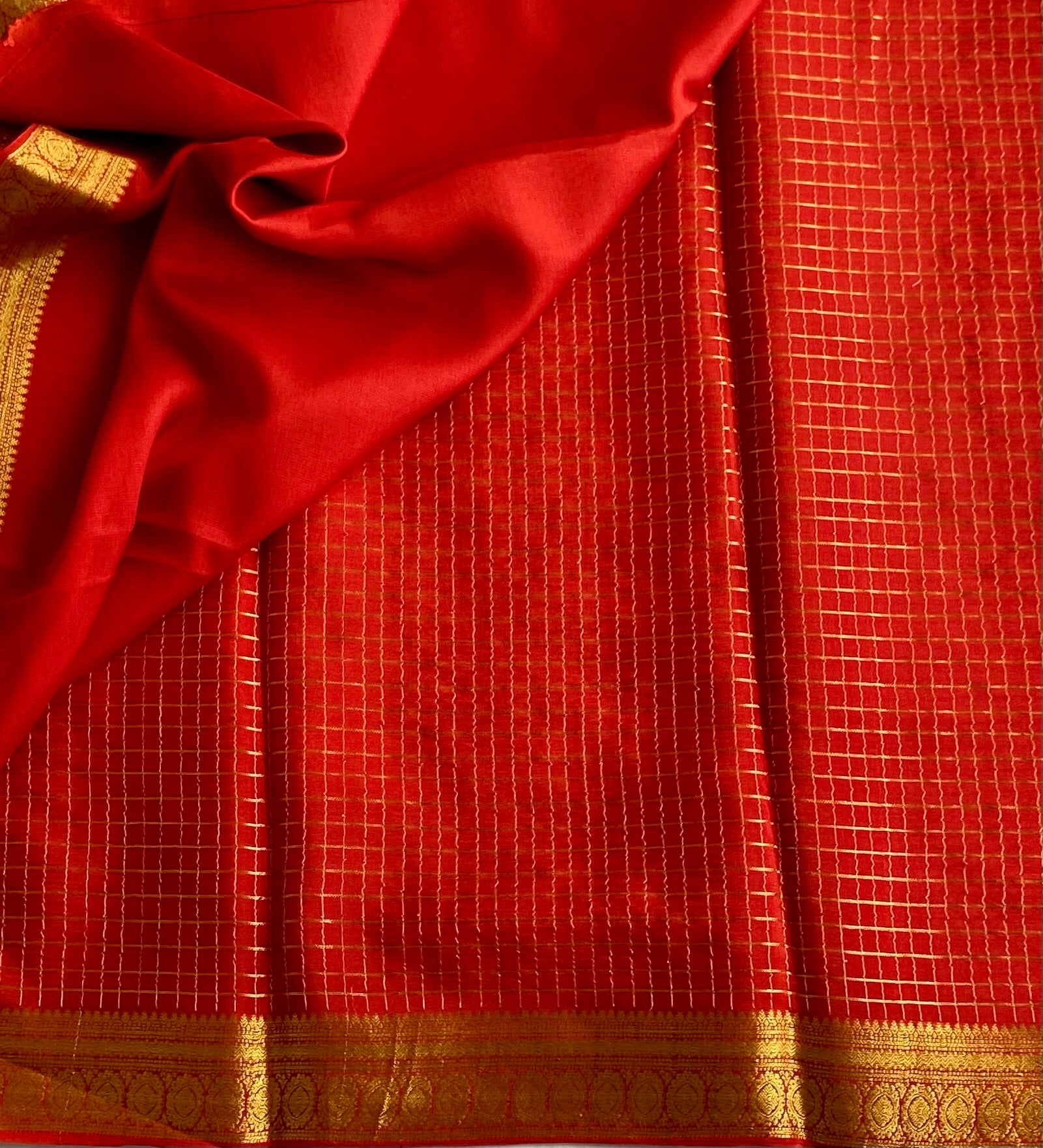 Rosso Red Mysore Crepe Silk Saree With Antique Gold Border