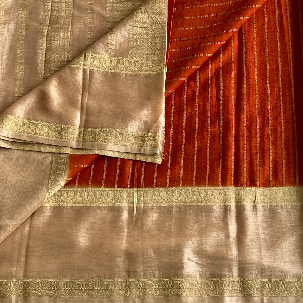 Peach Silk Saree with Gold Border Burnt Orange Pallu Woven