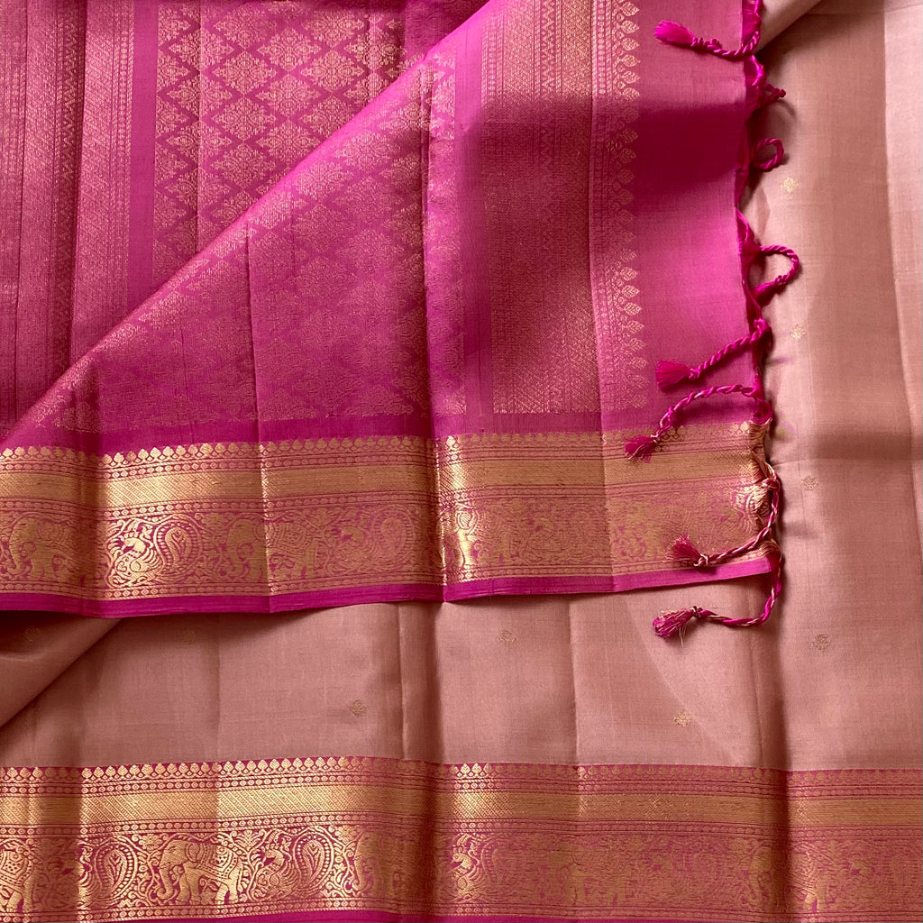 Metallic Peachy Rose Designer Pure Silk Saree Rose Pink Zari Border Contrast Pallu
