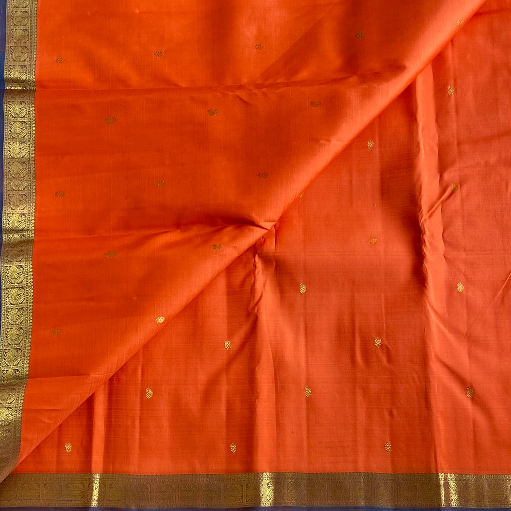 Tangerine Orange Kanjeevaram Pure Zari Silk Saree With Teal Blue Pallu
