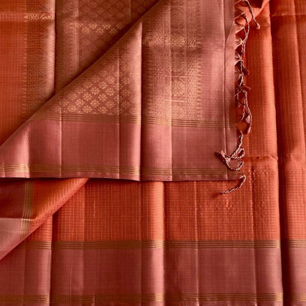 Burnt Orange Designer Pure Silk Saree With Antique Gold Border And Pallu